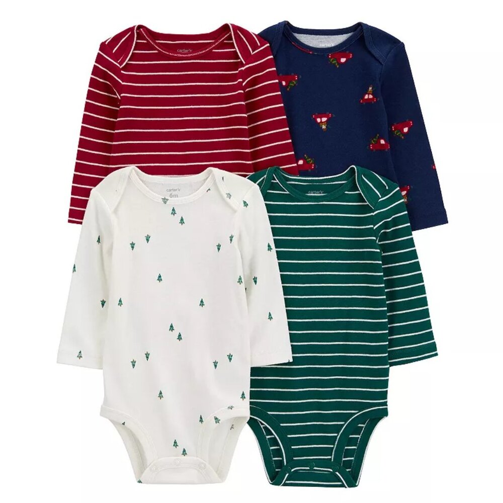 NWT Carter's Baby 4-Pack Long Sleeve Holiday patterned Bodysuits